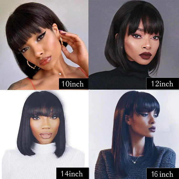 Unice Hair black human hair wig showing 10-inch length and adjustable headgear construction details