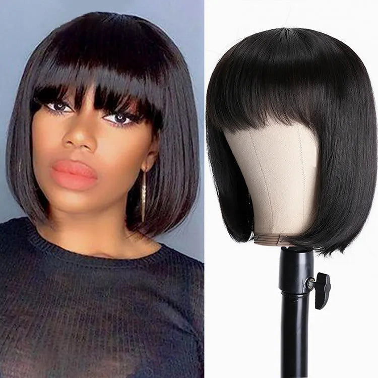 Unice Hair black human hair wig showing 10-inch length and adjustable headgear construction details