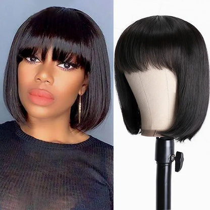 Unice Hair black human hair wig showing 10-inch length and adjustable headgear construction details