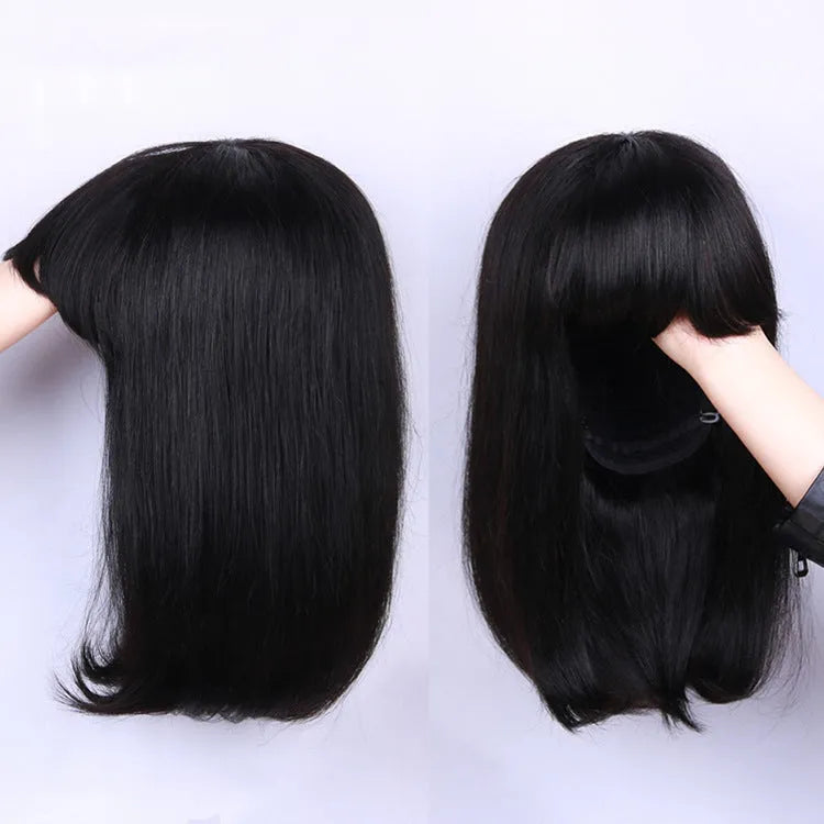 Unice Hair black human hair wig showing 10-inch length and adjustable headgear construction details
