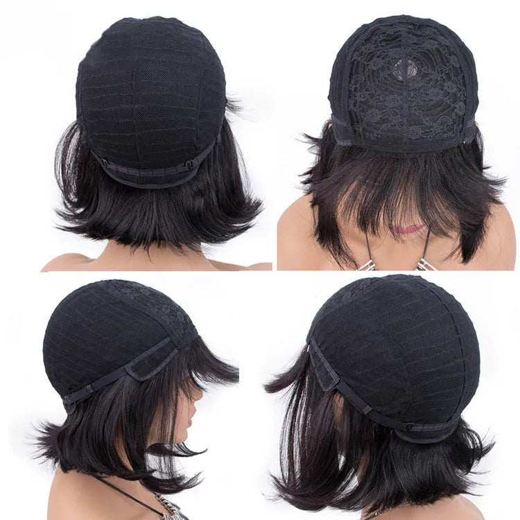 Unice Hair black human hair wig showing 10-inch length and adjustable headgear construction details