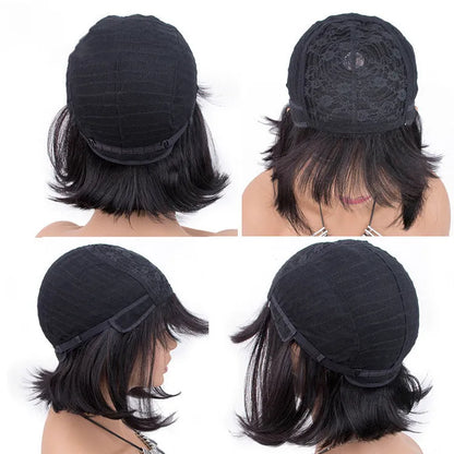 Unice Hair black human hair wig showing 10-inch length and adjustable headgear construction details