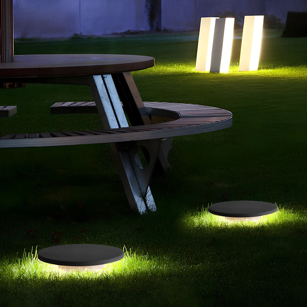 Grey stone-shaped LED garden lamp, 300mm diameter, solar and plug-in models for outdoor pathway lighting