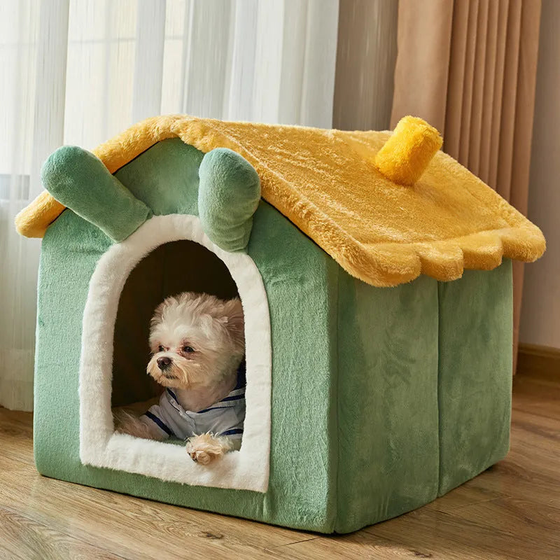 Removable washable plush pet bed house for cats and small dogs, closed yurt shape, available in brown, yellow, grey, blue and pink
