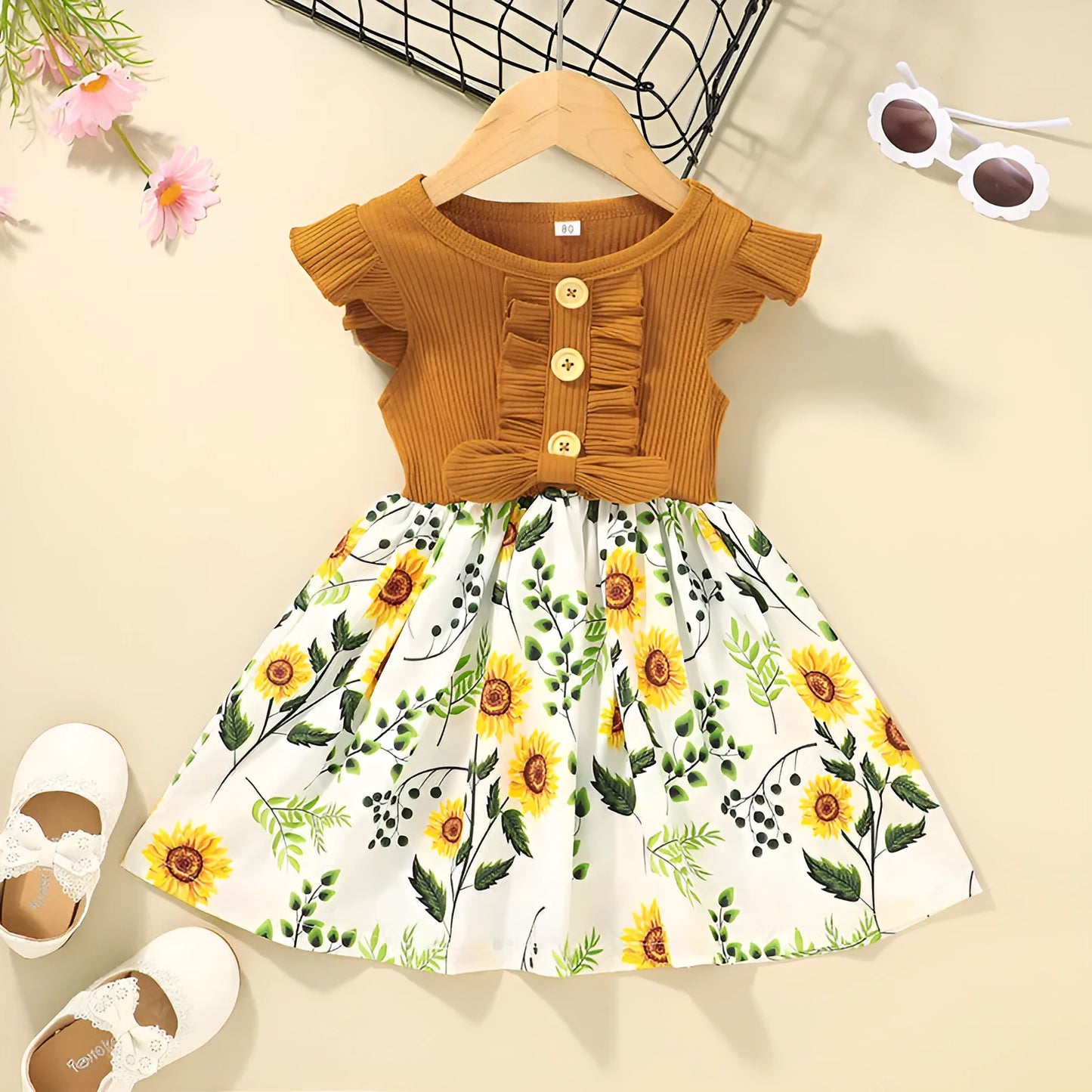 Toddler girl in a sleeveless summer dress, shown in one of six available colours.