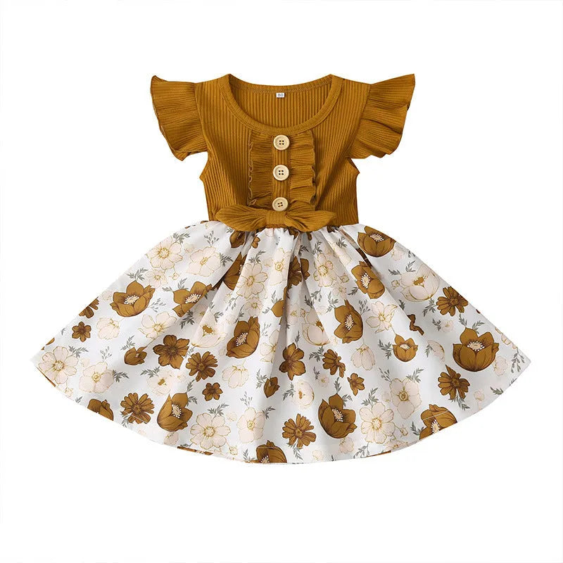 Toddler girl in a sleeveless summer dress, shown in one of six available colours.