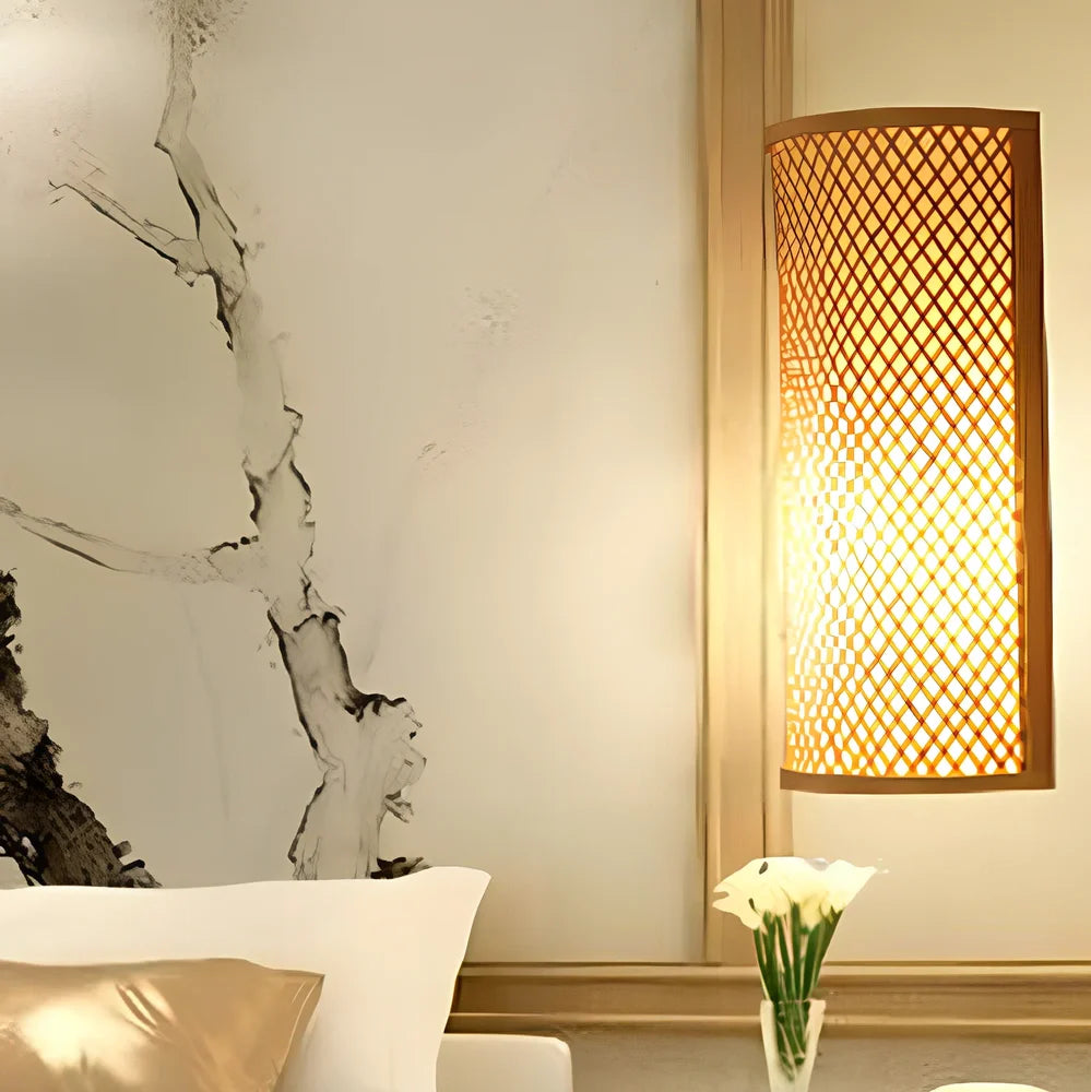 Bamboo wood wall lamp with iron shade, 24x40cm dimensions, E14 socket for leisure venue lighting