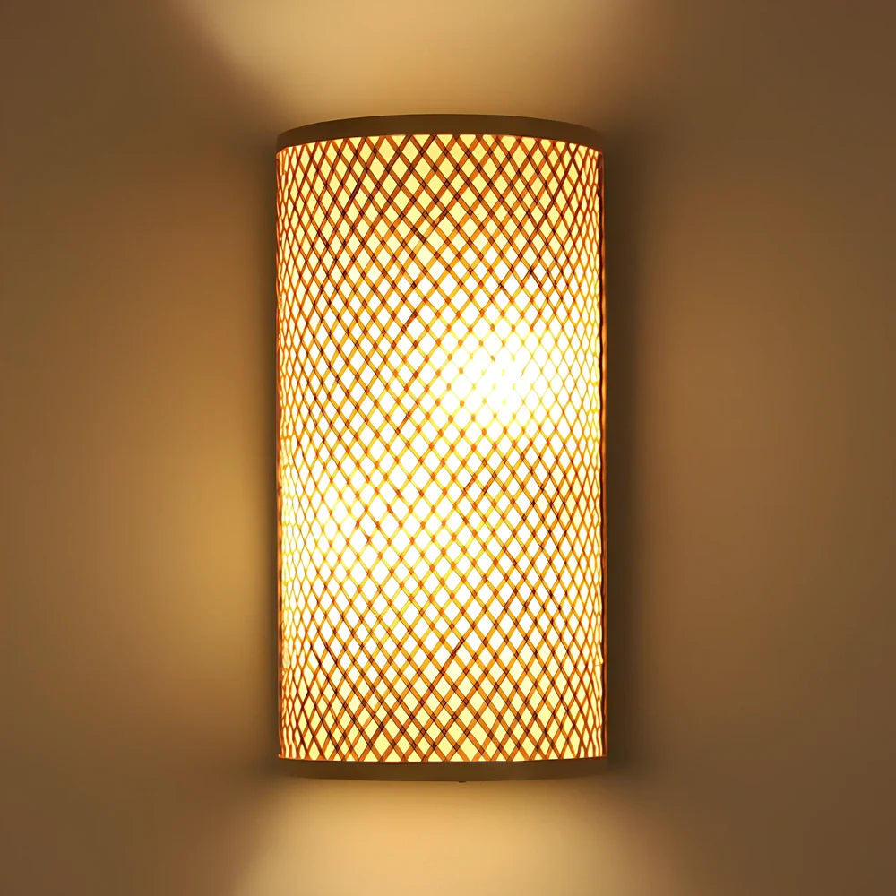 Bamboo wood wall lamp with iron shade, 24x40cm dimensions, E14 socket for leisure venue lighting
