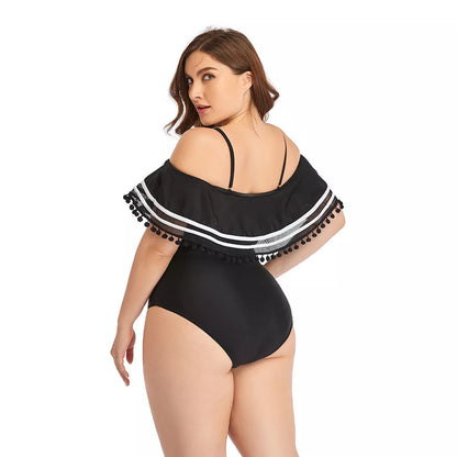 Plus size one-piece bikini swimsuit in black with quick-dry fabric and chest pad support