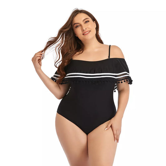 Plus size one-piece bikini swimsuit in black with quick-dry fabric and chest pad support