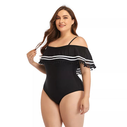 Plus size one-piece bikini swimsuit in black with quick-dry fabric and chest pad support