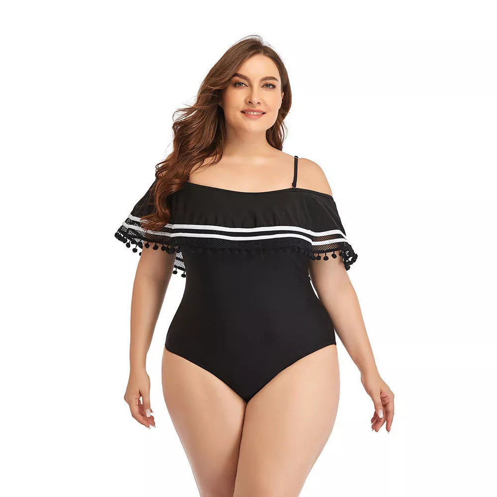 Plus size one-piece bikini swimsuit in black with quick-dry fabric and chest pad support