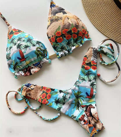 Women's floral retro bikini with gradient pattern and chest pad for beach outings