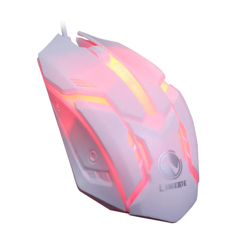 Wired computer mouse with luminous glow in black or white, showing USB cable and three buttons