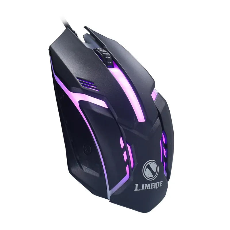 Wired computer mouse with luminous glow in black or white, showing USB cable and three buttons