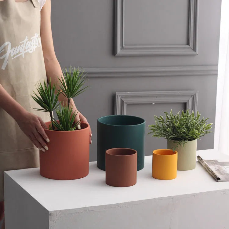 Nordic industrial style ceramic flowerpot with drainage hole for succulents in multiple colours