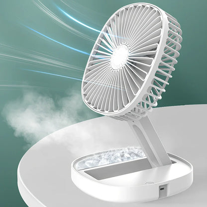 White folding desktop fan with ice cube groove and USB cable for portable cooling