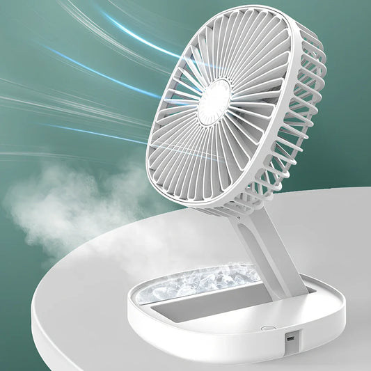 White folding desktop fan with ice cube groove and USB cable for portable cooling