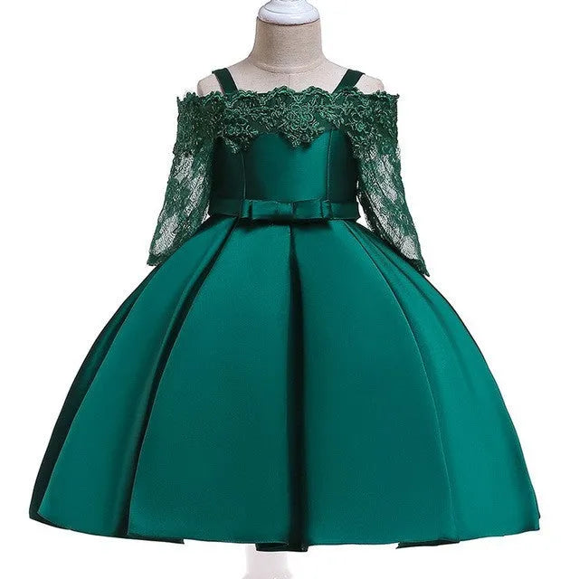 Girl's simple dress with lace detailing, shown in one of five colour options: deep red, pink, red, white, or green.