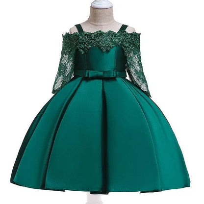 Girl's simple dress with lace detailing, shown in one of five colour options: deep red, pink, red, white, or green.