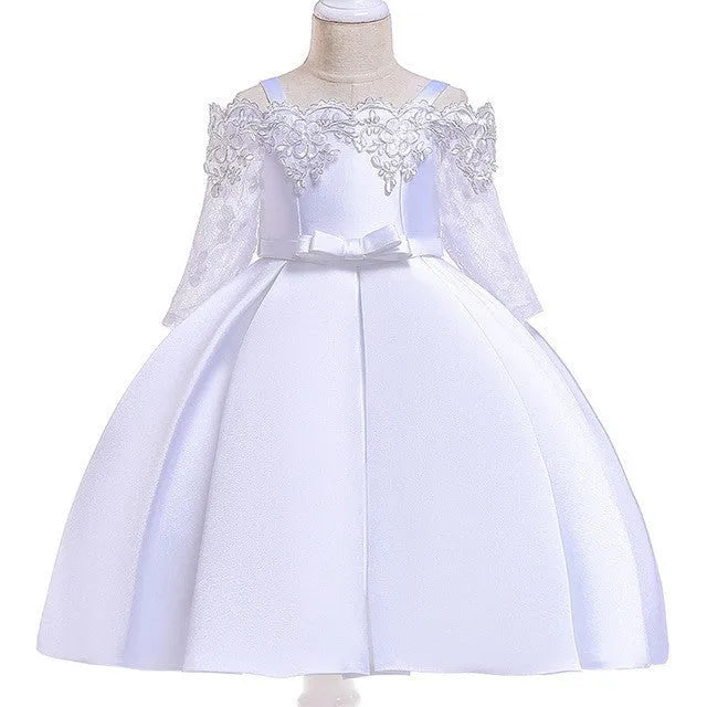 Girl's simple dress with lace detailing, shown in one of five colour options: deep red, pink, red, white, or green.
