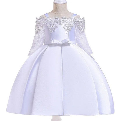 Girl's simple dress with lace detailing, shown in one of five colour options: deep red, pink, red, white, or green.