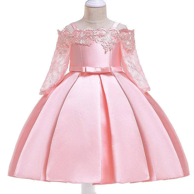 Girl's simple dress with lace detailing, shown in one of five colour options: deep red, pink, red, white, or green.