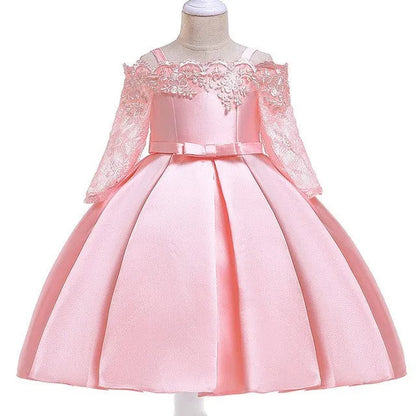 Girl's simple dress with lace detailing, shown in one of five colour options: deep red, pink, red, white, or green.