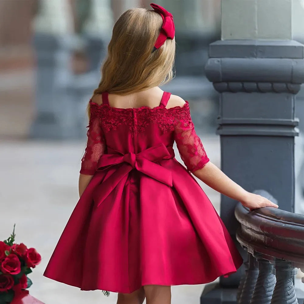 Girl's simple dress with lace detailing, shown in one of five colour options: deep red, pink, red, white, or green.