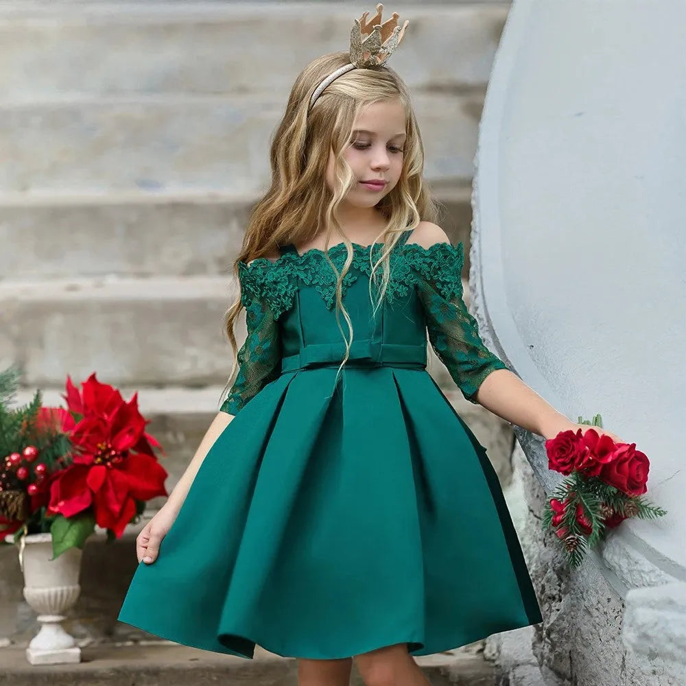 Girl's simple dress with lace detailing, shown in one of five colour options: deep red, pink, red, white, or green.