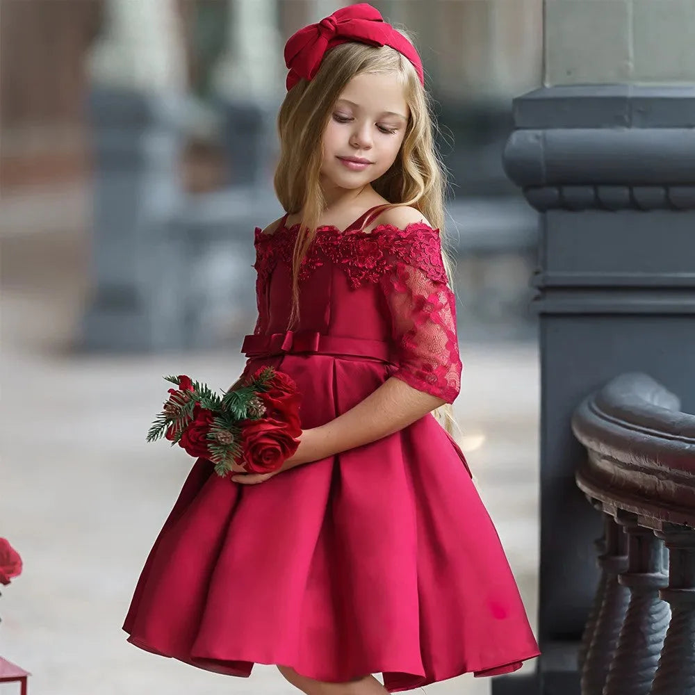 Girl's simple dress with lace detailing, shown in one of five colour options: deep red, pink, red, white, or green.