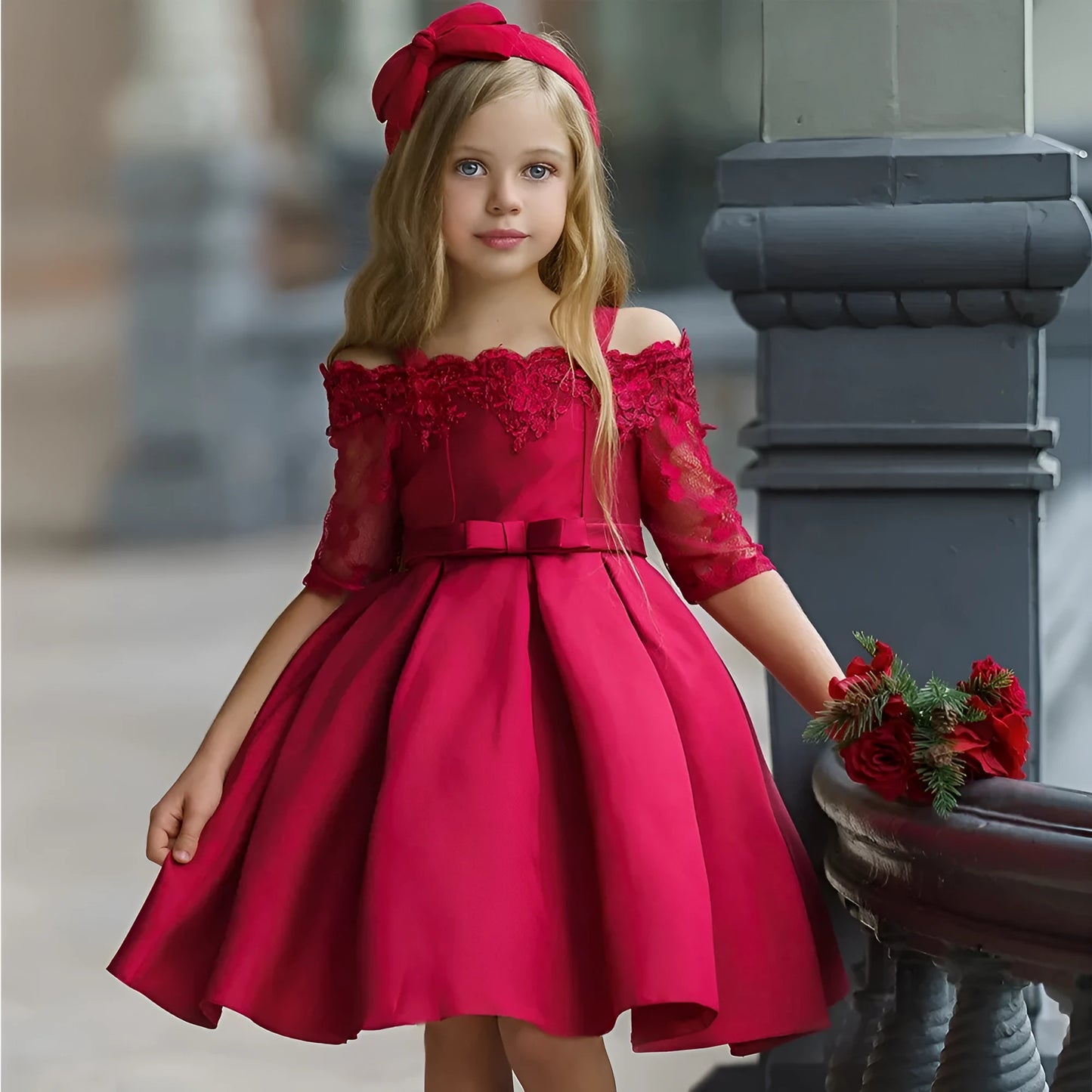 Girl's simple dress with lace detailing, shown in one of five colour options: deep red, pink, red, white, or green.