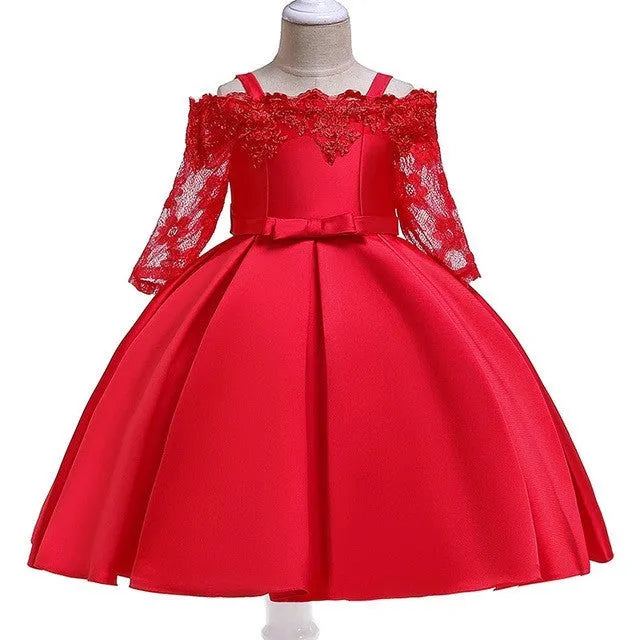 Girl's simple dress with lace detailing, shown in one of five colour options: deep red, pink, red, white, or green.