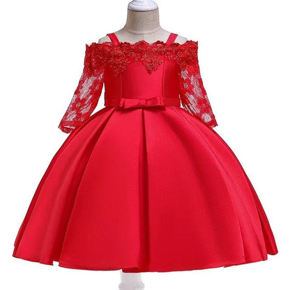 Girl's simple dress with lace detailing, shown in one of five colour options: deep red, pink, red, white, or green.