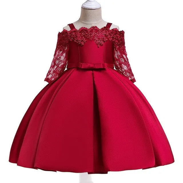Girl's simple dress with lace detailing, shown in one of five colour options: deep red, pink, red, white, or green.