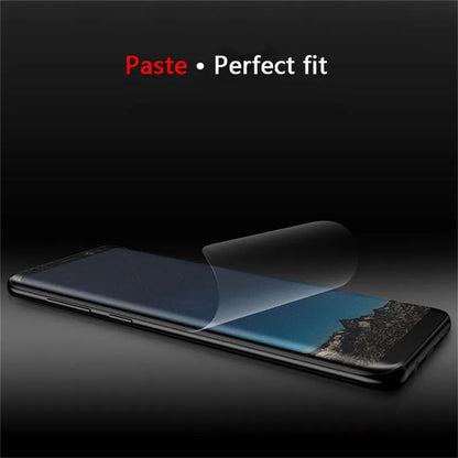 Curved phone protector for Samsung with matte finish and hydraulic film technology on purple packaging