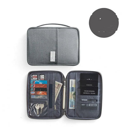 Navy blue waterproof travel passport cover with card slots, shown next to an A4 document.
