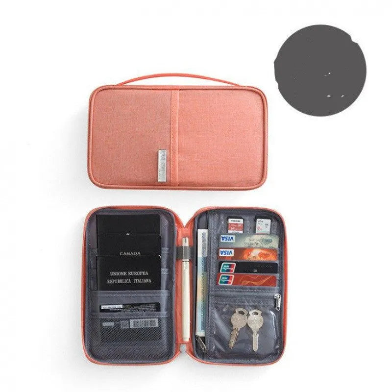 Navy blue waterproof travel passport holder with RFID blocking, open to show card slots and passport sleeve.