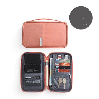 Navy blue waterproof travel passport holder with RFID blocking, open to show card slots and passport sleeve.