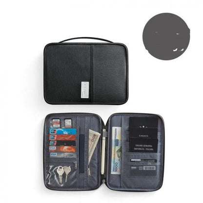 Navy blue waterproof passport holder with RFID blocking, shown next to a passport and boarding pass.