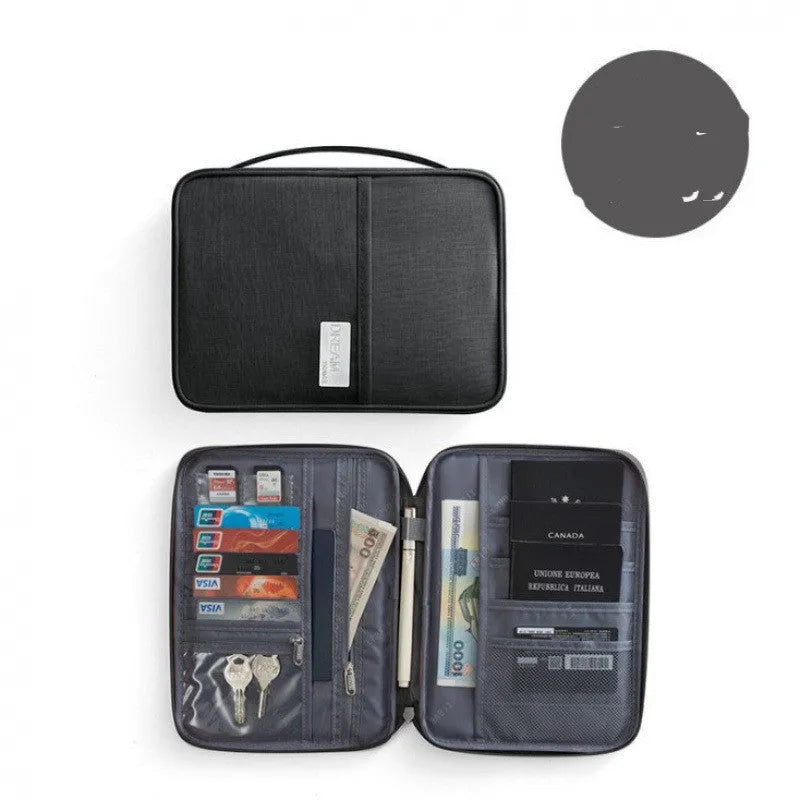 Navy blue waterproof travel passport holder with RFID blocking, open to show card slots and passport sleeve.