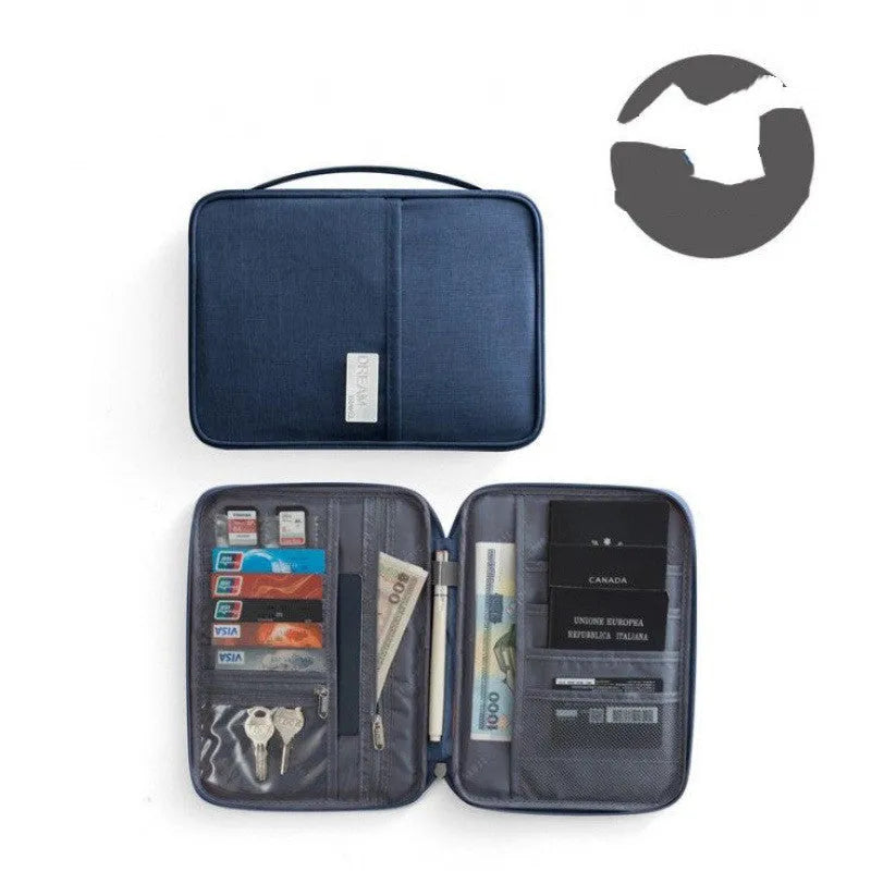 Navy blue waterproof travel passport holder with RFID blocking, open to show card slots and passport sleeve.