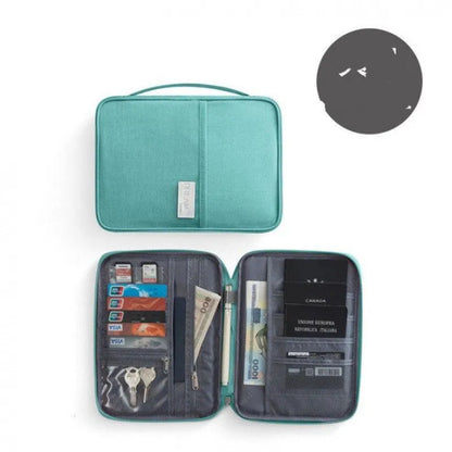Navy blue waterproof passport holder with RFID blocking, shown next to a passport and boarding pass.