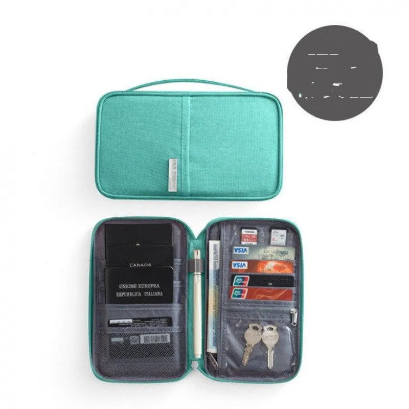 Navy blue waterproof travel passport cover with card slots, shown next to an A4 document.