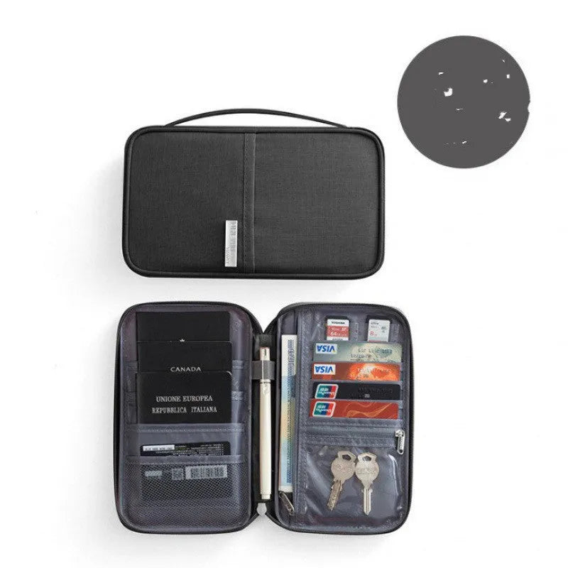 Navy blue waterproof travel passport holder with RFID blocking, open to show card slots and passport sleeve.