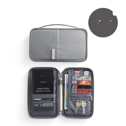 Navy blue waterproof passport holder with RFID blocking, shown next to a passport and boarding pass.