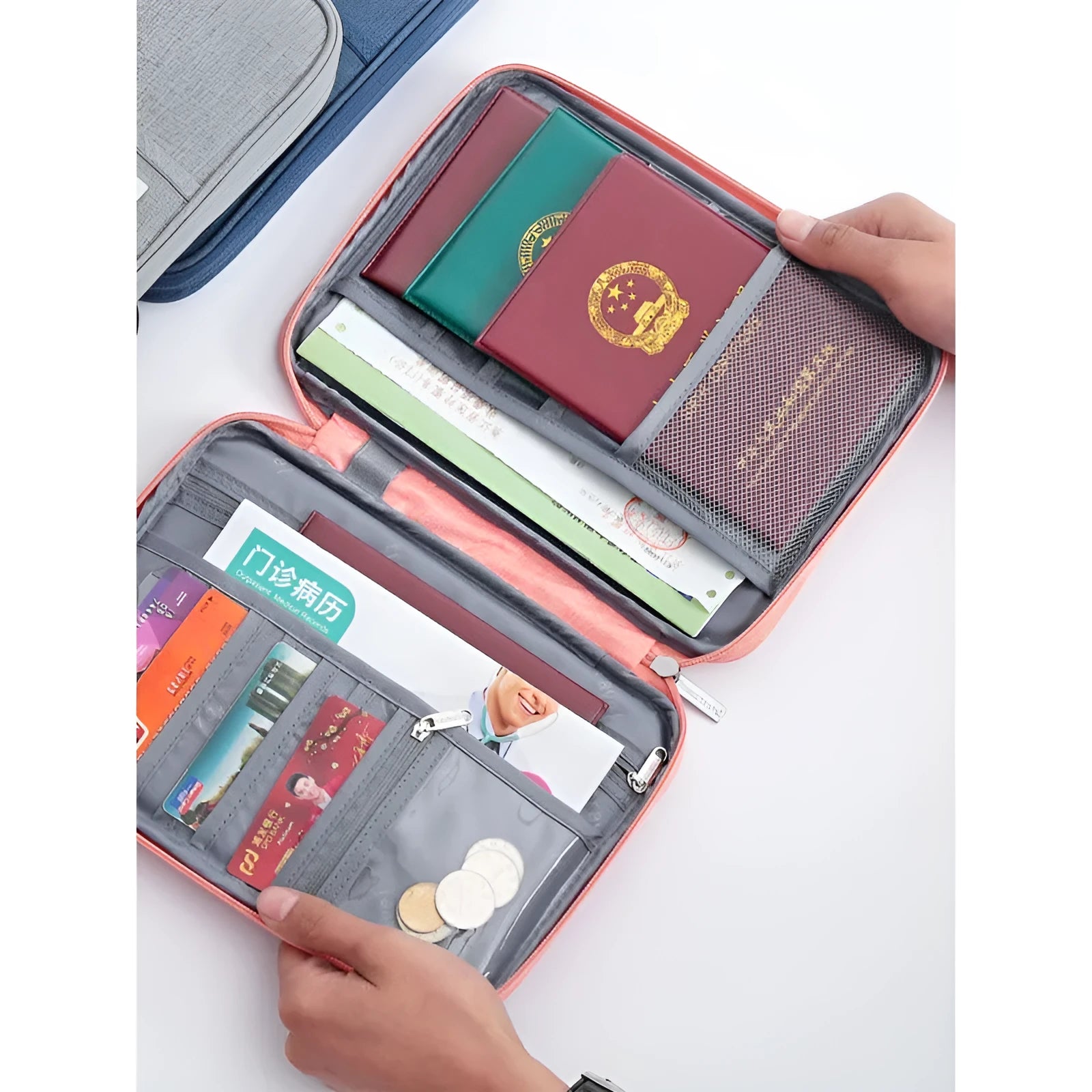 Navy blue waterproof passport holder with RFID blocking, shown next to a passport and boarding pass.