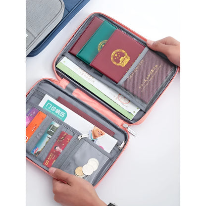 Navy blue waterproof passport holder with RFID blocking, shown next to a passport and boarding pass.