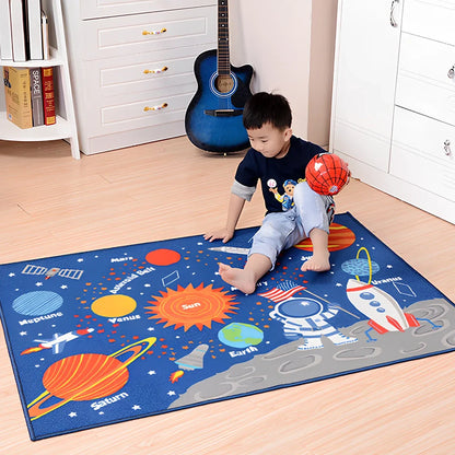 Dark blue rectangular kids carpet with space cartoon pattern measuring 1m by 1.37m