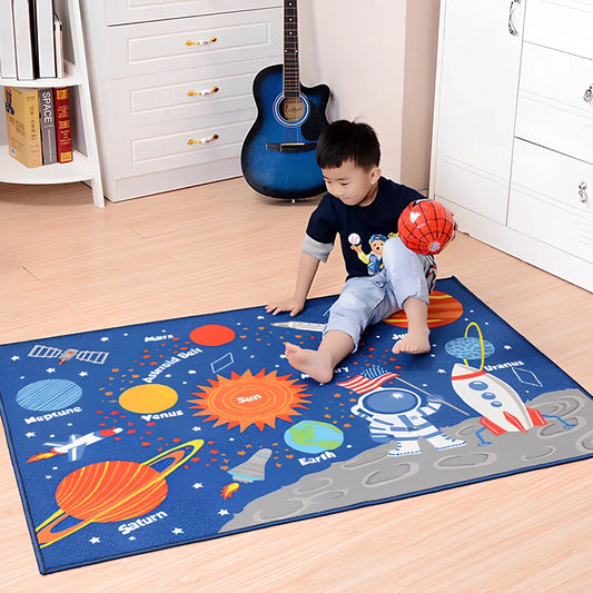 Dark blue rectangular kids carpet with space cartoon pattern measuring 1m by 1.37m